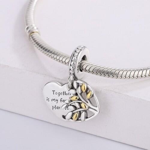 925 Sterling Silver Two-Tone Family Tree Heart Dangle Charm Heart Of Love Charm Pendant Bracelet Women Jewelry Fits Pandora