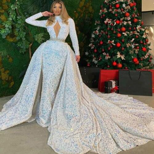 Aso Ebi 2020 Arabic Sparkly Crystals Sexy Evening Dresses Long Sleeves Prom Dresses Sequined Formal Party Second Reception Gowns