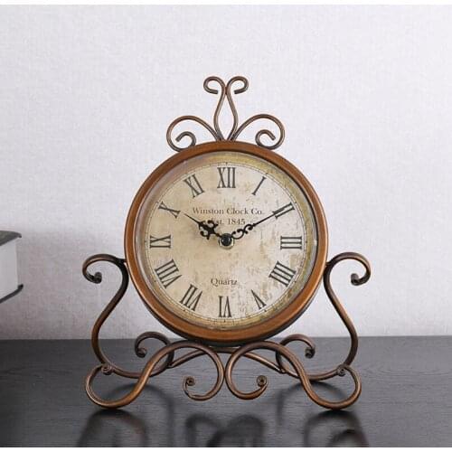 Battery Operated Silent Table Clock Vintage Retro Iron Ornament Home Decoration U2JC