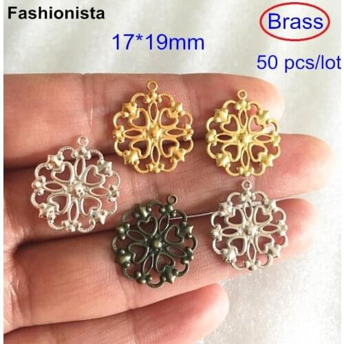 50 pcs Filigree Brass Flower Charms 17*19mm Metal Stamped Filigree Wrap,Gold-color,Silver-color,bronze,steel,raw brass,Findings
