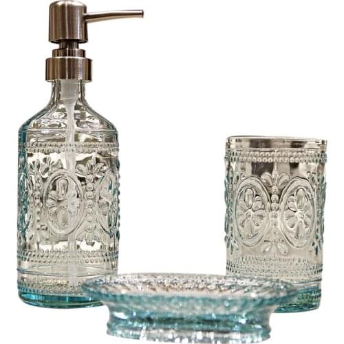 Glass hand sanitizer bottle, European-style press, household sub-bottling, soap box, bathroom wash cup, three-piece set