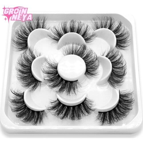 GROINNEYA 5 Pairs Eyelashes 3D Mink Lashes Fluffy Soft Wispy Natural Cross Eyelash Extension Reusable Lashes Mink False Eyelash