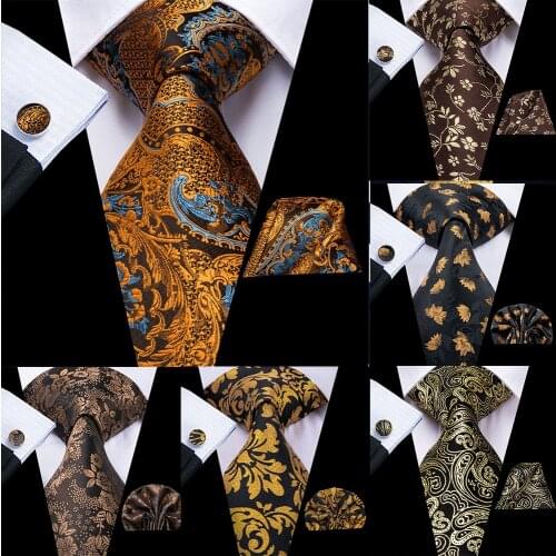 Hi-Tie Mens Necktie Luxury Black Gold Paisley Silk Wedding Tie For Men Hanky Cufflinks Gift Tie Set Business Party Dropshipping