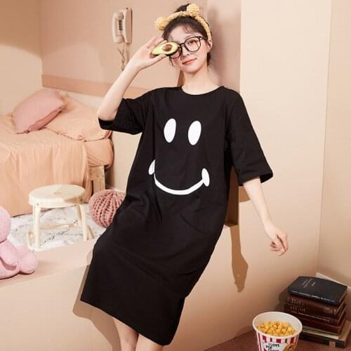 SLPBELY Cotton Women Nightgown Summer Sweet Smiley Striped Nightdress Short Sleeve Nighgskrit Pyjamas Sleep Dress Home Wear