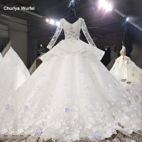 HTL1568 While Flowers Wedding Dresses 2020 V-Neck Full Sleeve Pearls Sequined Beading Ball Gowns Robe De Mariee 2020
