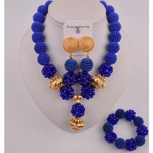 Royal blue african necklace crystal and simulated pearl bead jewelry set for women FZZ104