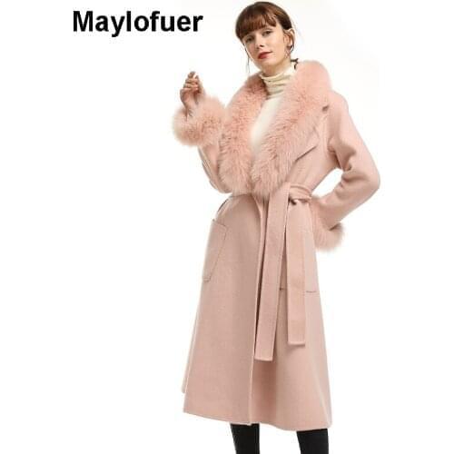 Maylofuer 2019 Real Fur Coat Winter Jacket Women Natural Fox Fur Collar Cashmere Wool Blends Outerwear Streetwear Oversize