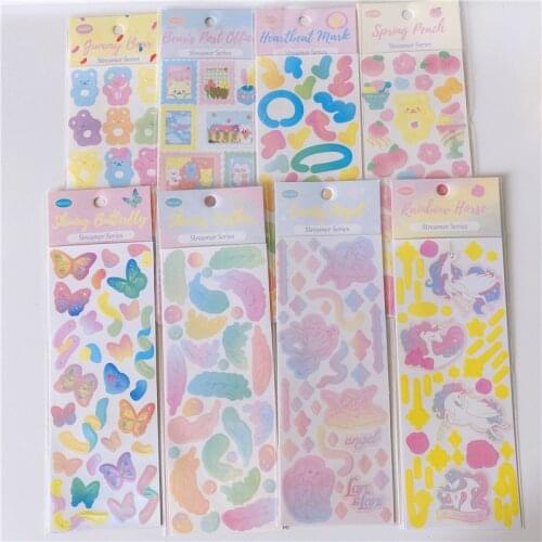 Cartoon Unicorn Bear Butterfly Ribbon Cute Stickers Korean Ins Laser Flash Powder Colorful Kawaii Decorative Sticker Stationery