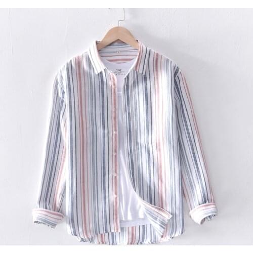 Striped Long Sleeve Shirt for Men Cotton Linen Casual Tops Spring Summer New Turn-down Collar Male Vintage Clothing