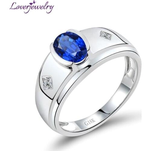 LOVERJEWELRY Design For Men Genuine Blue Sapphire Mens Ring In 18K White Gold Natural Gemstone Real Diamond Jewelry for Husband