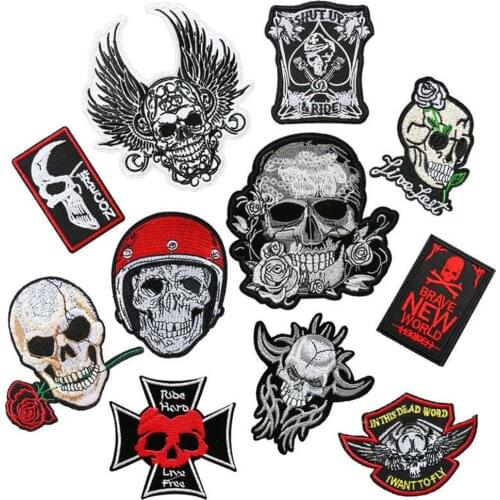 Skull Patches for Clothing Iron on Badges Black White Embroidered Appliques Punk Clothes DIY Ironing Skull Patches for Jackets