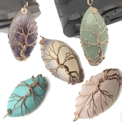 Natural Amethysts Pink Crystal Stone Black Onyx Marquise Shape Wire Wrap Winding Tree of Life Necklace Pendant Women Men Jewelry
