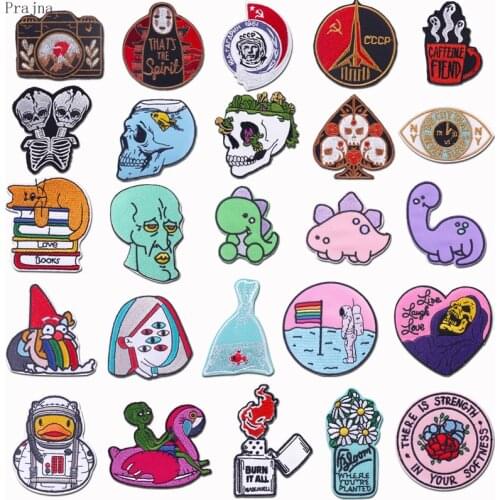Prajna Iron On Embroidered Patches For Clothing Iron On Patches Punk Rock Skull Patch Cartoon Dinosaur Badge Stickers Stripes