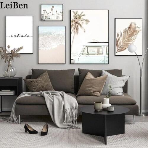 Landscape Canvas Painting Wall Art Nordic Poster Beige Van Palm Tree Leaf Surfing Girl Pictures for Bedroom Home Interior Decor
