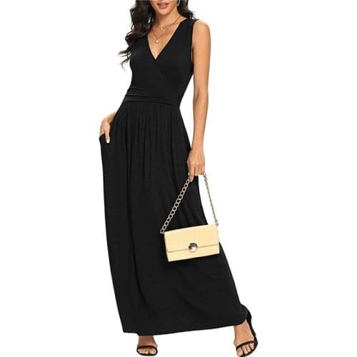 V-neck Sleeveless Slim Maxi Dress Solid Elegant Sexy With Pocket Dresses 2021 Summmer Causal For Office Lady Robes Dress