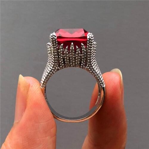 Luxury Female Big Red Stone Ring Vintage Silver Color Geometric Finger Ring Promise Wedding Engagement Rings For Women