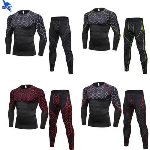 Grid Printed Quick Dry Sport Suit Man 2019 Compression Running Set Sportswear Shirt+Tights 2Pcs Tracksuits Gym Fitness Rashguard
