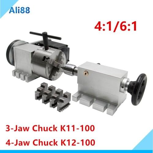 Nema34 stepper motor (4:1) Nema 23 (6:1) K12-100mm 4-Jaw Chuck CNC 4th axis A aixs rotary axis+tailstock for cnc router