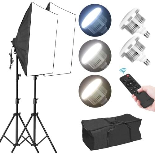 50x70cm Softbox Lighting Kit 2x85W 3200K-5500K Dimmable LED Bulb Softbox with Adjustable 2M Light Stand Remote Control for Video