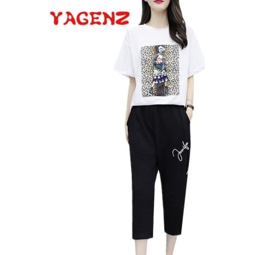 YAGENZ Summer Suits Tracksuit Two Piece Set Women Fashion Print Crop Tops And Cropped Trousers Plus size Suits 2 Piece Set 784