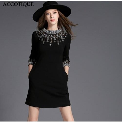 High Quality Female Hand-made Beaded Slim Elegant Black Short Dress Women Cotton Fashion Plus Size Casual Dresses