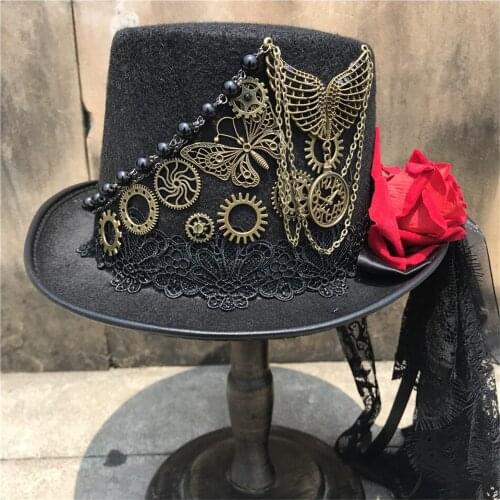 Women Handmade Steampunk Top Hat With Metal Gear And Flower Stage Magic Hat Cosplay Hat Size 57CM Steampunk Hat