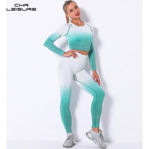 CHRLEISURE Sport Set Women Gradient Seamless Fitnes Suits Gym Clothing Long Sleeve Crop Top+Shirts High Waist Leggings 2 Pcs Set