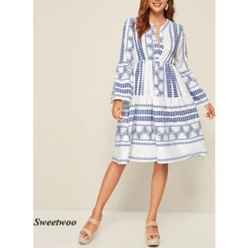 Summer Womens Bohemian Blue Print Trumpet Sleeve Stand Up Collar Popular Patchwork Dress Ball Gown Flare Sleeve V-Neck
