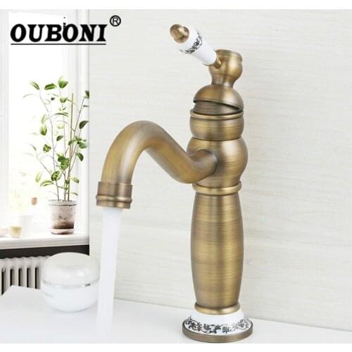 Antique Brass Bathroom Basin Sink Faucet Counter Top Stream Extend Spout Faucet Hot & Cold Mixer Ceramic Finish Handle