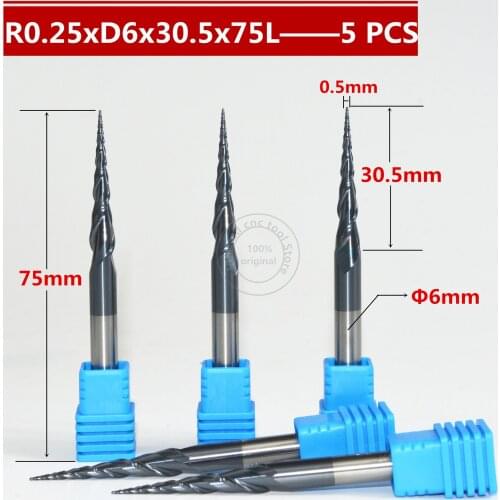 Free shipping-5PCS R0.25*D6*30.5*75L*2F HRC55 Tungsten solid carbide Coated Tapered Ball Nose End Mill taper and cone end mills