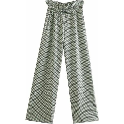 Merodi Summer Fashion Houndstooth Print 2021 Za Long Pants Girls Casual Drawstring Elastic Waist Suit Wide Leg Pants