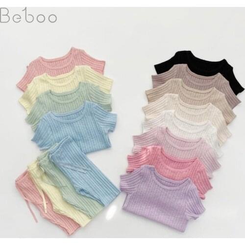 Ins Korean Baby Clothing Sets 2021 Children Clothing Suits For Girls Candy Color Home Pajamas Short Sleeve Tops+shorts 2pcs Set