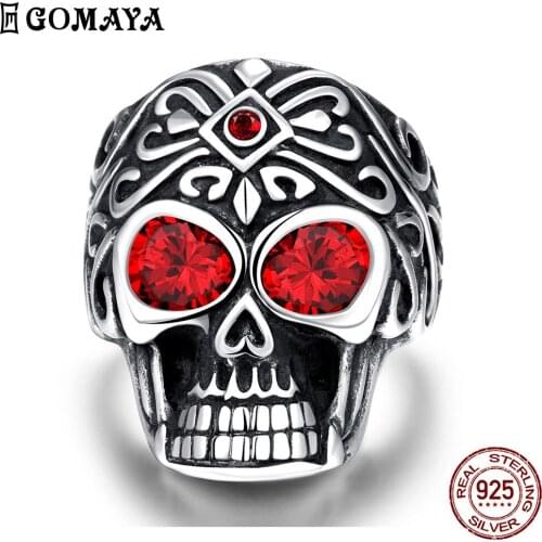 GOMAYA Rings For Men Punk Style Fire Eye Skull Shape Red Zircon Unisex Fashion Jewelry Party Prom Anniversary Gift Hot Sale