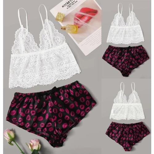 2PC New Sexy Print Lingerie Silk Underwear Sleepwear Underwear Pajamas Satin Lace Top Mouth Printed Panty Pajama Set M-XXL