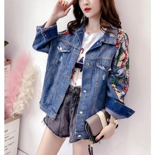 Spring Loose Denim Jacket Female Streetwear Embroidery Beading Sequin Cowgirl Coat Fashion Frayed Long Sleeve Outerwear M L