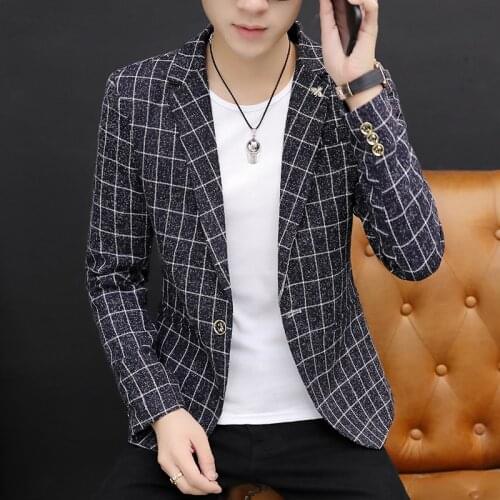 Mens suit jacket fashion brand mens slim fit trendy plaid top one button British style high-quality casual suit