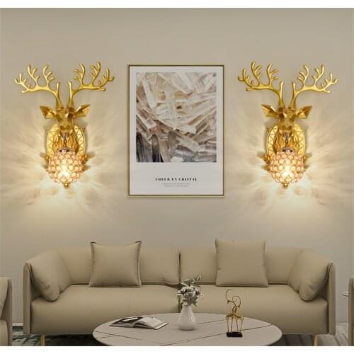 Nordic resin golden deer head wall lamps modern living room aisle bedroom American crystal antlers deco sconces lights fixtures