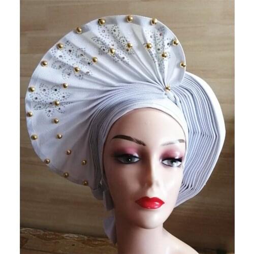 Nigerian aso oke with beads women turban shawl african headties beaded fabric femme headgear sewing fabric for party