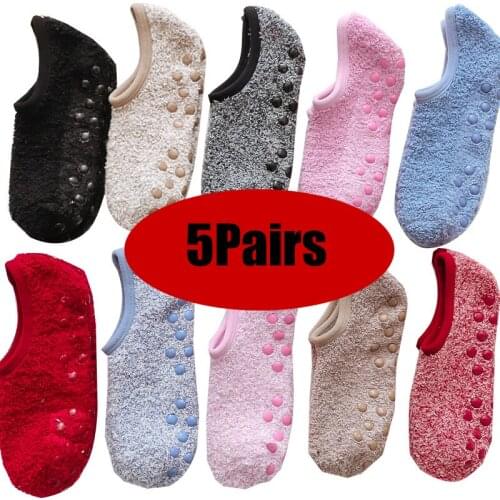 5Pairs Coral Fleece Floor Boat Socks for Women Men Winter Warm Cotton Plush Dispensed Non-Slip Socks Short Socks Slippers Indoor