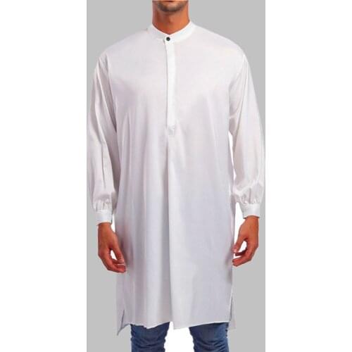 New 2021 Western Style Arab Fashion Simplicity Mens Shirt Muslim Casual Solid Color Stand-up Collar Long Sleeve