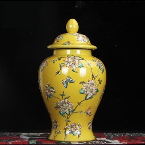 New Chinese Style Yellow Famille Hand Painted Ceramic temple Jar decorate porcelain Ginger jar vase