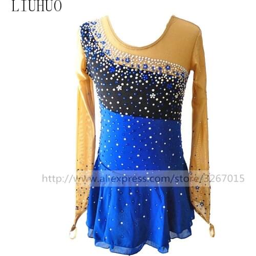Figure Skating Dress Womens Girls' Ice Skating Dress Blue round neck long sleeve White Royal Blue Shiny Rhinestones