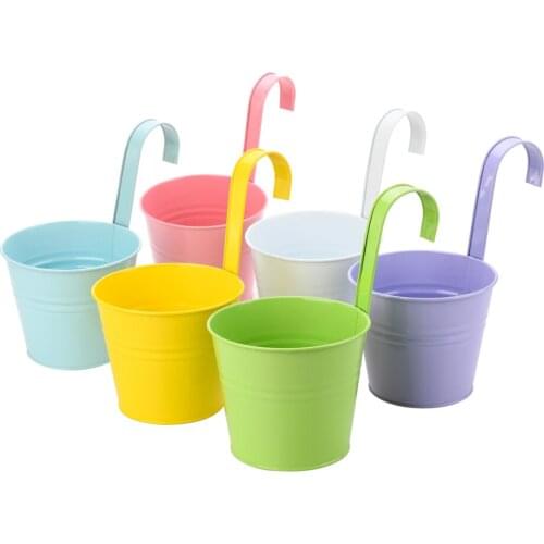 Hanging Flower Pots Metal Iron Bucket Planter Garden Home Decoration 6 Colors 6pcs 26X16cm Gardening With Hooks Railing Fence