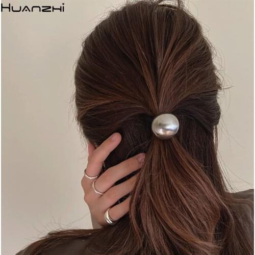 HUANZHI 2020 New Trendy Metal Geometric Square Round Ball Hair Hoop Hair Rope Elastic Ponytail Hair Accessories for Women Girls