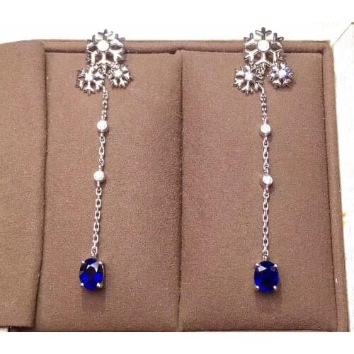 Y425 Fine Jewelry Real 18K White Gold AU750 100% Natural Blue Sapphire Gemstone 0.85ct Drop Dangle Earrings for Women