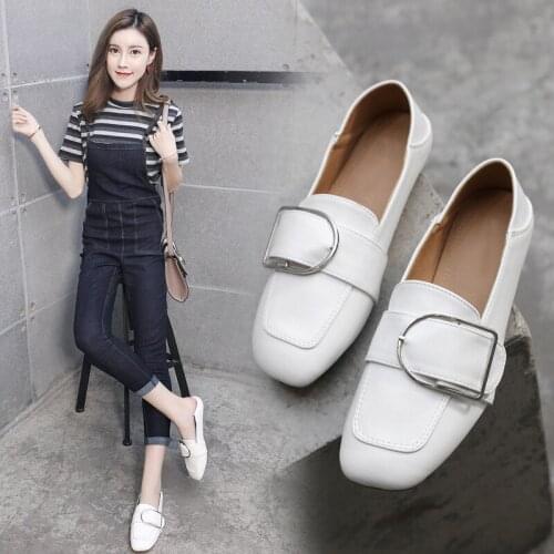 Belt metal buckle square toe single shoes woman solid leather flats 2-wear casual comfy soft bottom loafers slip on moccasins