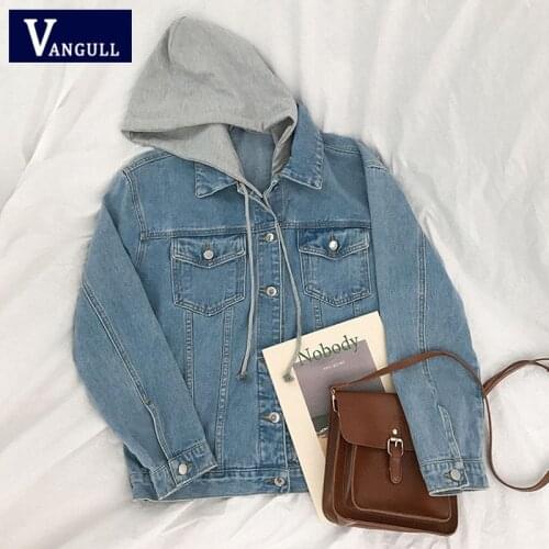 Vangull Women Denim Jacket Outerwear Hooded Removable High Street 2020 New BF Solid Loose Jacket Long Sleeve Fashion Jeans Tops