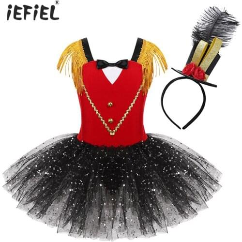 Girls Halloween Party Stage Performance Circus Ringmaster Costume Tutu Dress Dancewear with Steampunk Mini Top Hat Fascinator