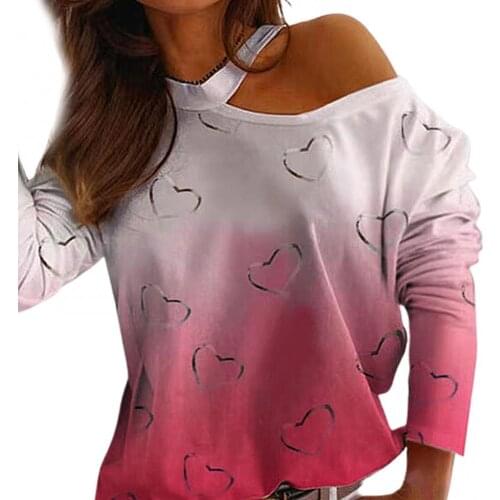 2021 Fall Fashion Sexy Simple Women Long Sleeve Halter Blouse Heart Print One Shoulder Gradient Color Viscose T-shirt for Daily