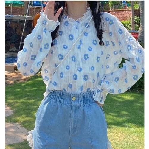 New Style Long Sleeved Chiffon Blouse Women Korean Cute Loose Floral Sunscreen Shirts 2021 Summer Sweet Ruffle O-neck Tops
